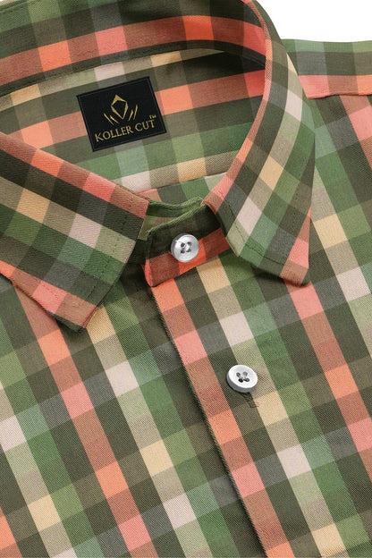 Kollercut-Kale Green with Quartz Peach and Avocado Green Multicolored Checks Cotton Shirt