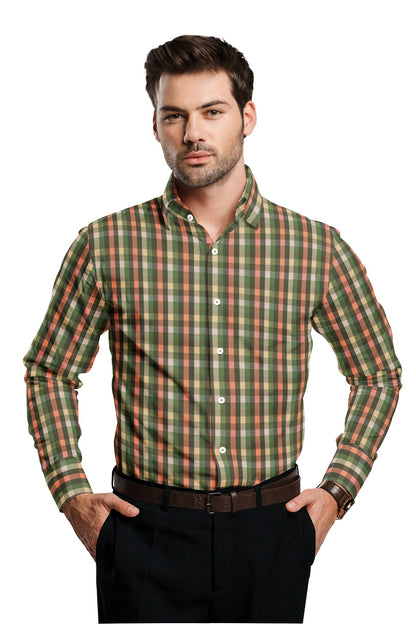 Kollercut-Kale Green with Quartz Peach and Avocado Green Multicolored Checks Cotton Shirt