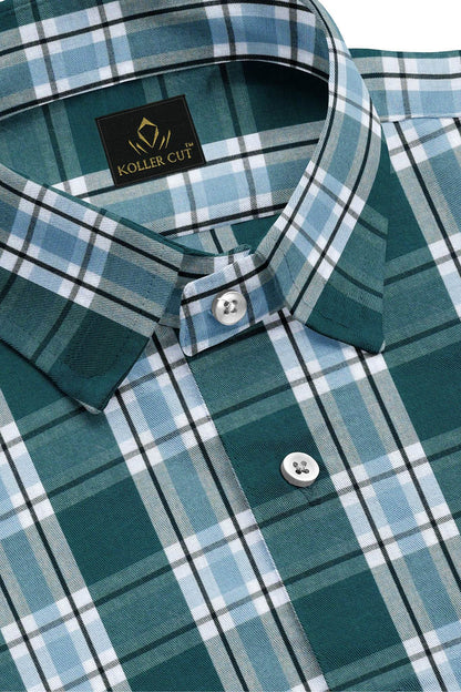 Kollercut-White with  Agate Green and Omphalodes Blue Checks charaghdin Cotton Shirt