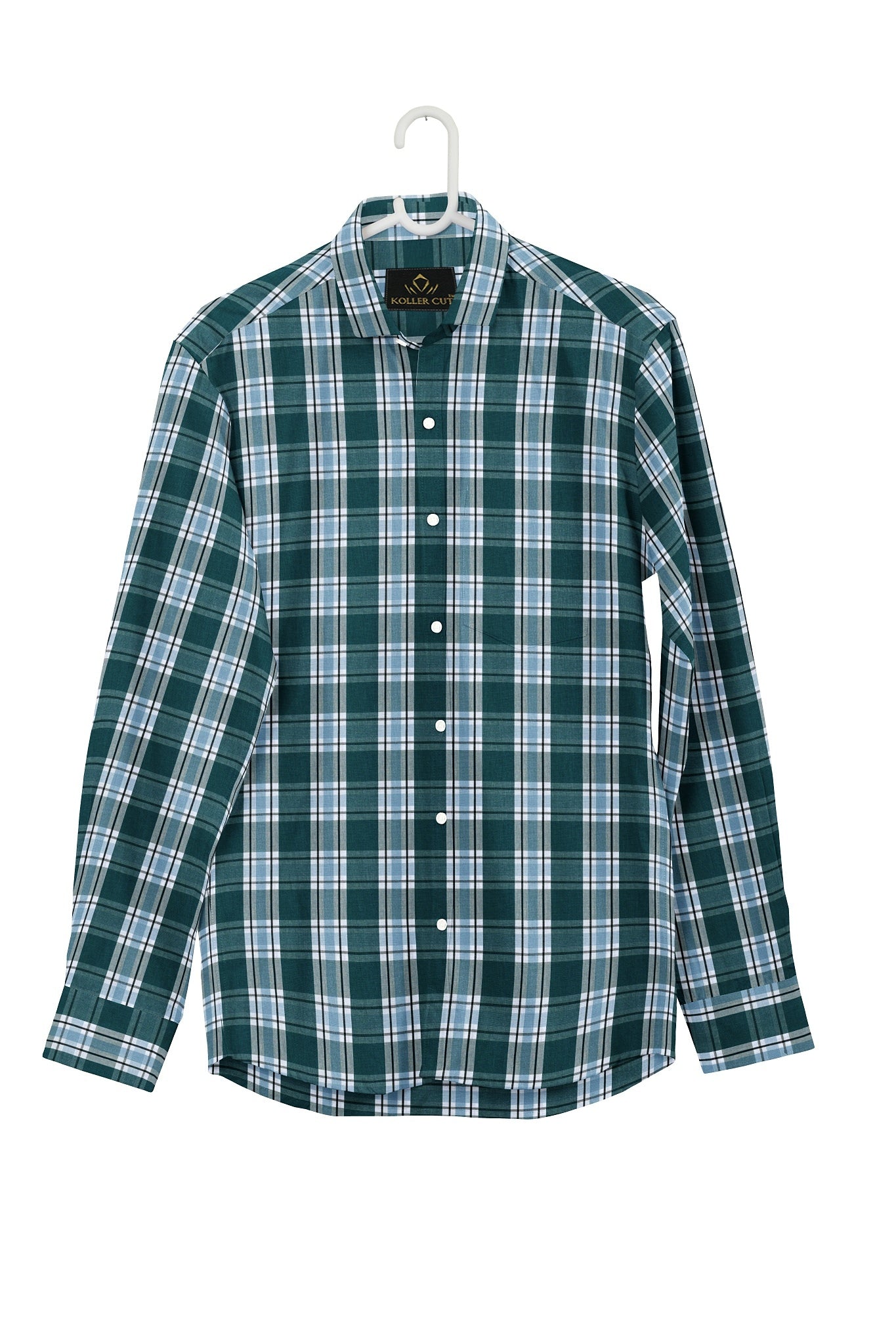 Kollercut-White with  Agate Green and Omphalodes Blue Checks charaghdin Cotton Shirt