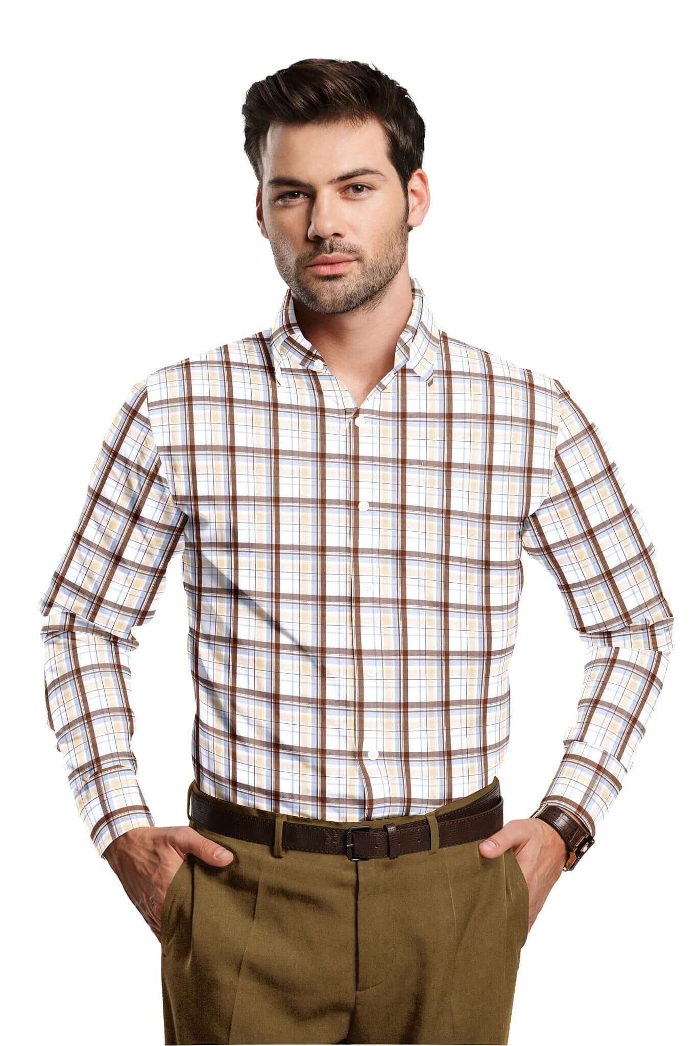 White with Copper Brown and Chambray Blue Checks Cotton Shirt