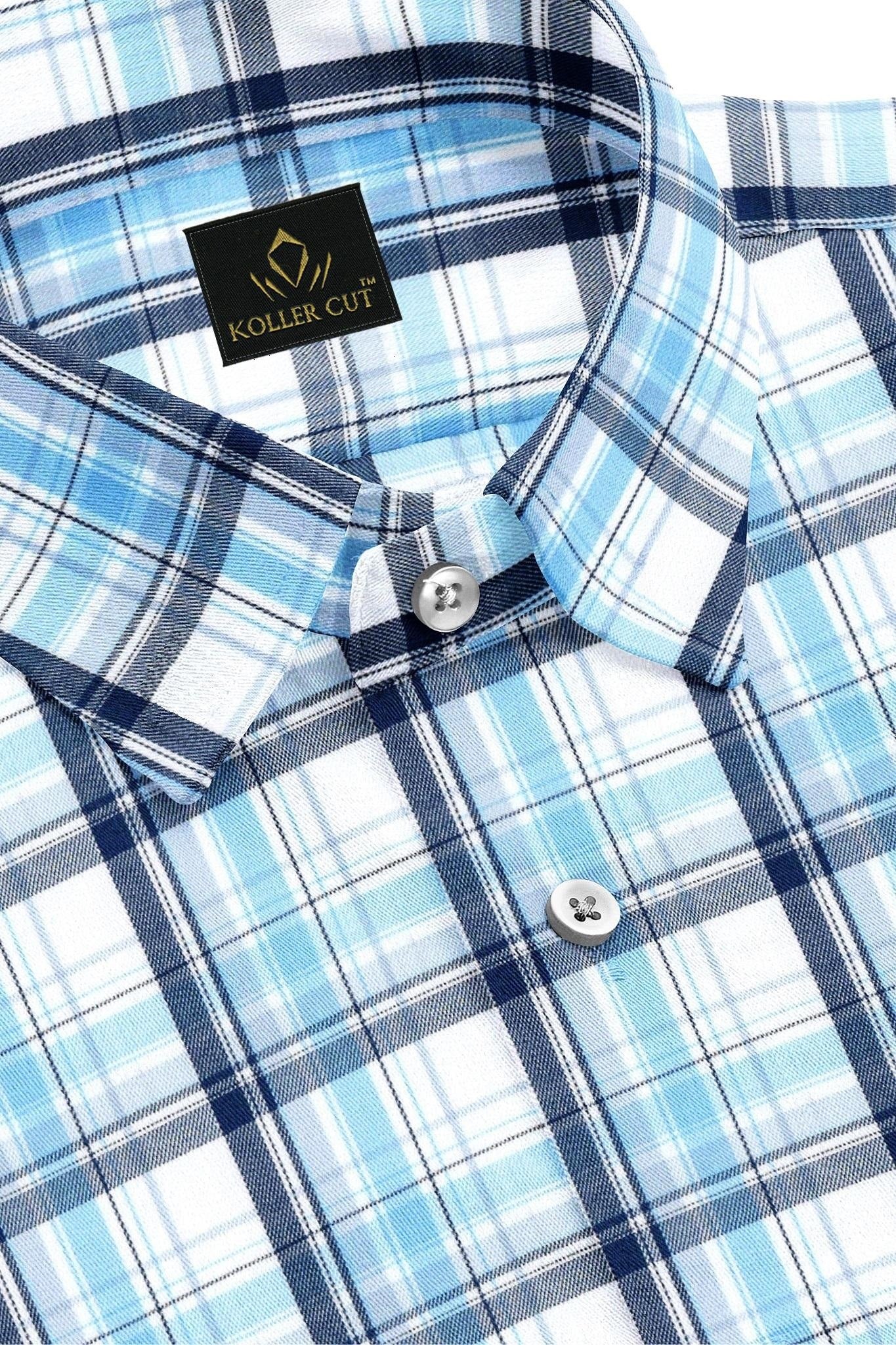 Kollercut - White with Poseidon Blue and Aquarius Blue Men's Checks Formal Cotton Shirt