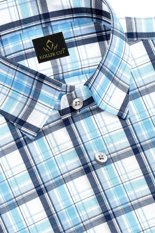 Kollercut - White with Poseidon Blue and Aquarius Blue Men's Checks Formal Cotton Shirt