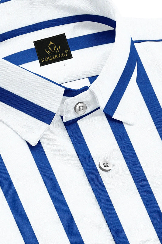 White and Regatta Blue Chalk Stripes Cotton Shirt