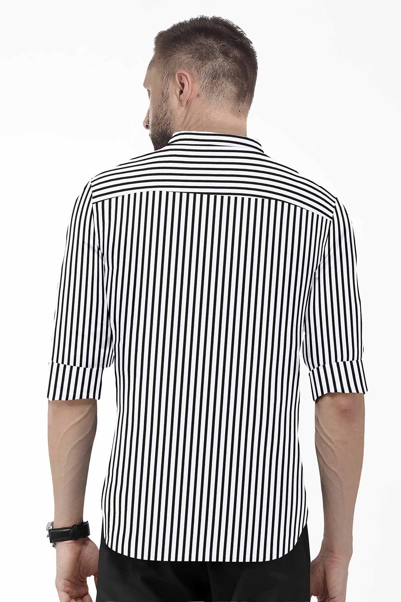 Jet Black and White Candy Stipes Mandarin Collar Cotton Shirt Men's Formal Shirts in India - Buy Cotton Plus Size Shirts for Men in Mumbai