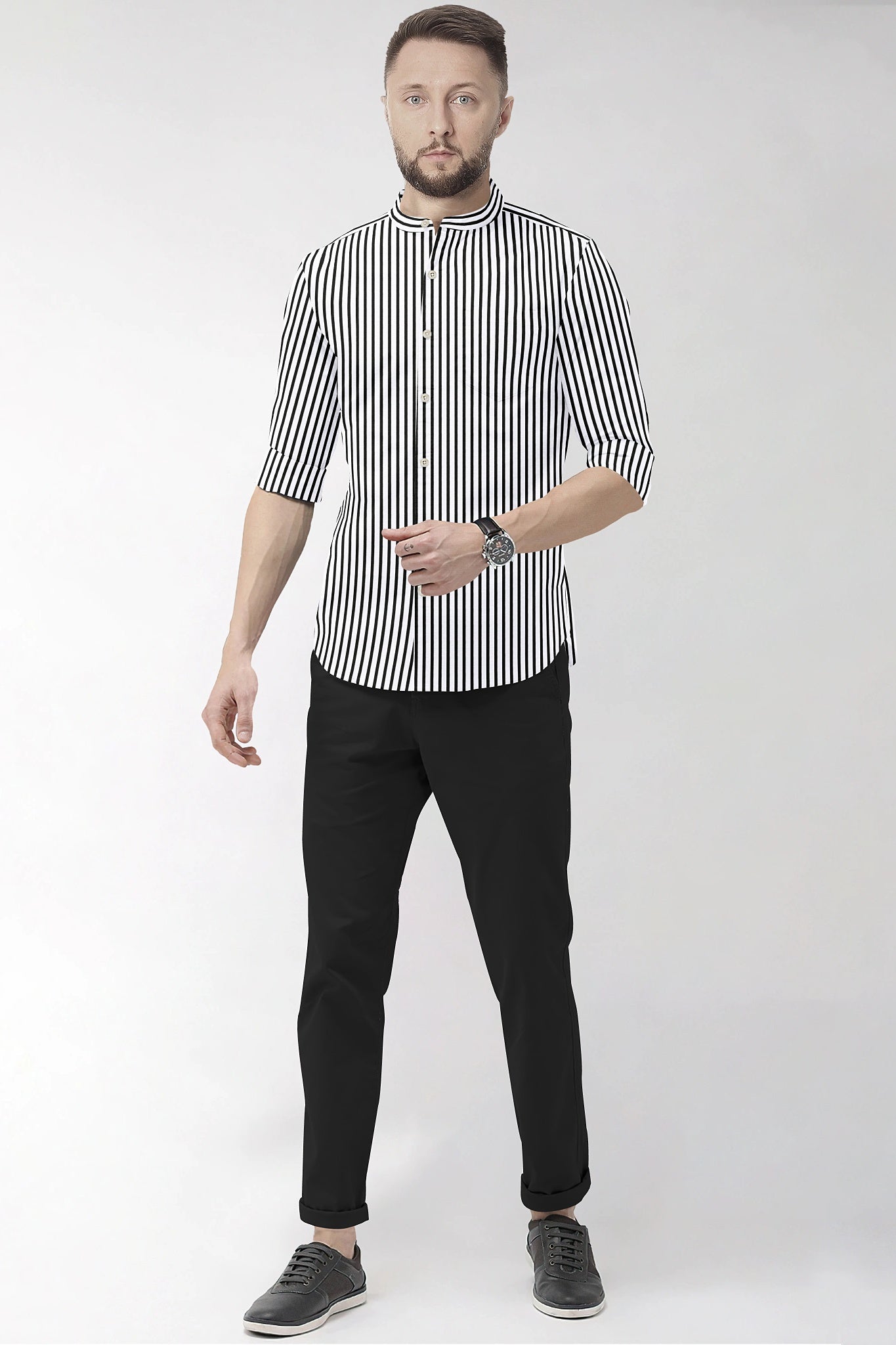 Jet Black and White Candy Stipes Mandarin Collar Cotton Shirt Men's Formal Shirts in India - Buy Cotton Plus Size Shirts for Men in Mumbai