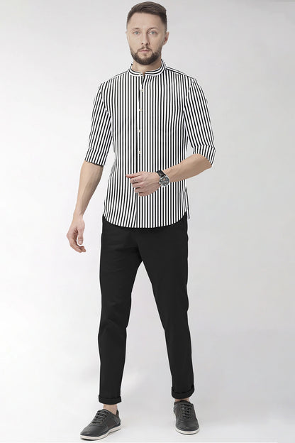 Jet Black and White Candy Stipes Mandarin Collar Cotton Shirt Men's Formal Shirts in India - Buy Cotton Plus Size Shirts for Men in Mumbai