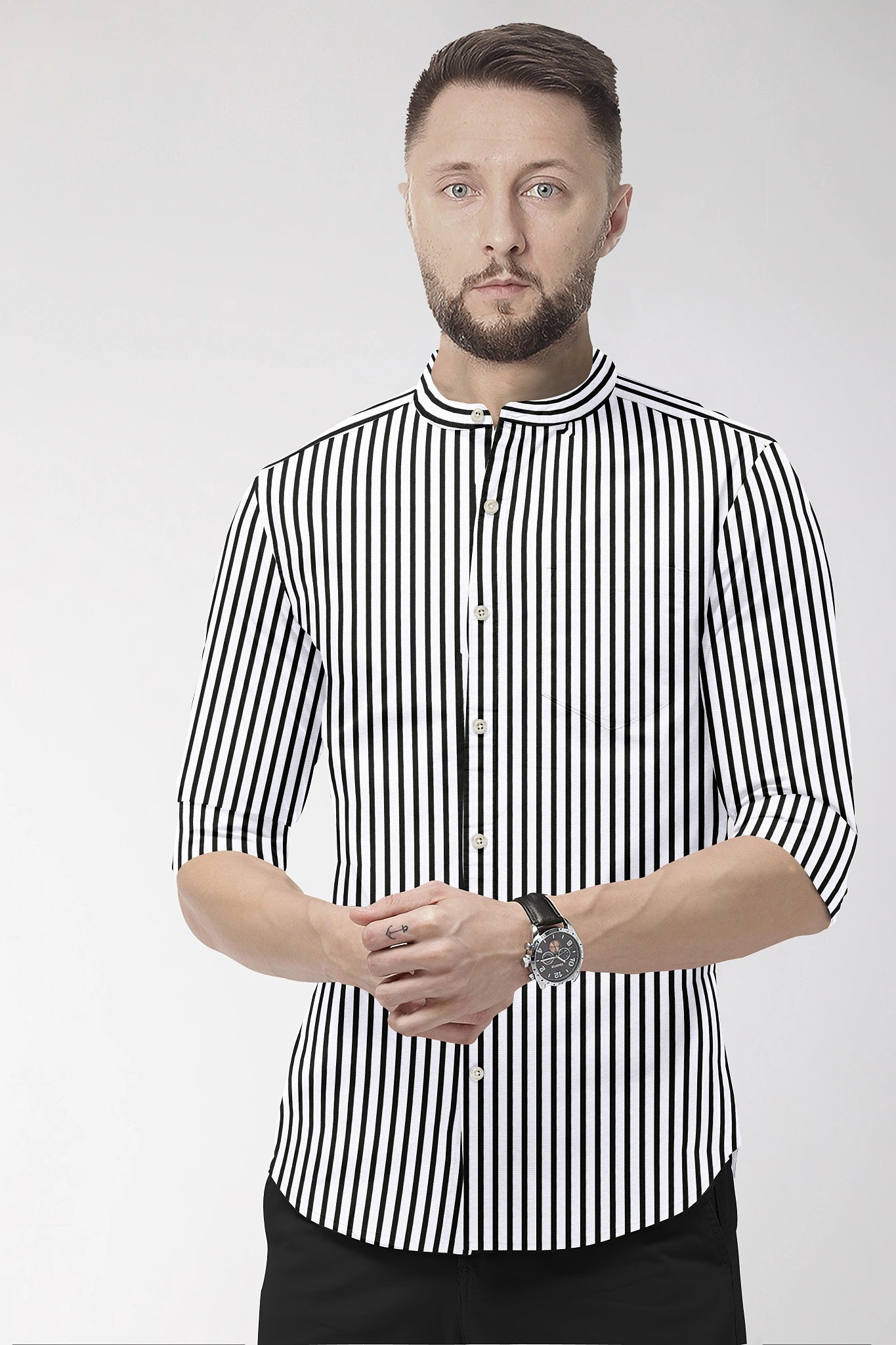 Jet Black and White Candy Stipes Mandarin Collar Cotton Shirt Men's Formal Shirts in India - Buy Cotton Plus Size Shirts for Men in Mumbai