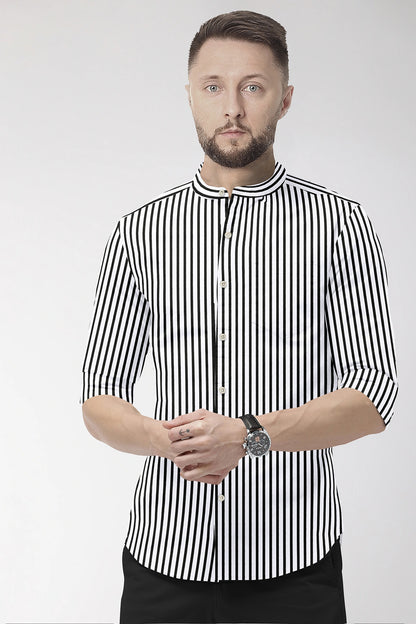 Jet Black and White Candy Stipes Mandarin Collar Cotton Shirt Men's Formal Shirts in India - Buy Cotton Plus Size Shirts for Men in Mumbai