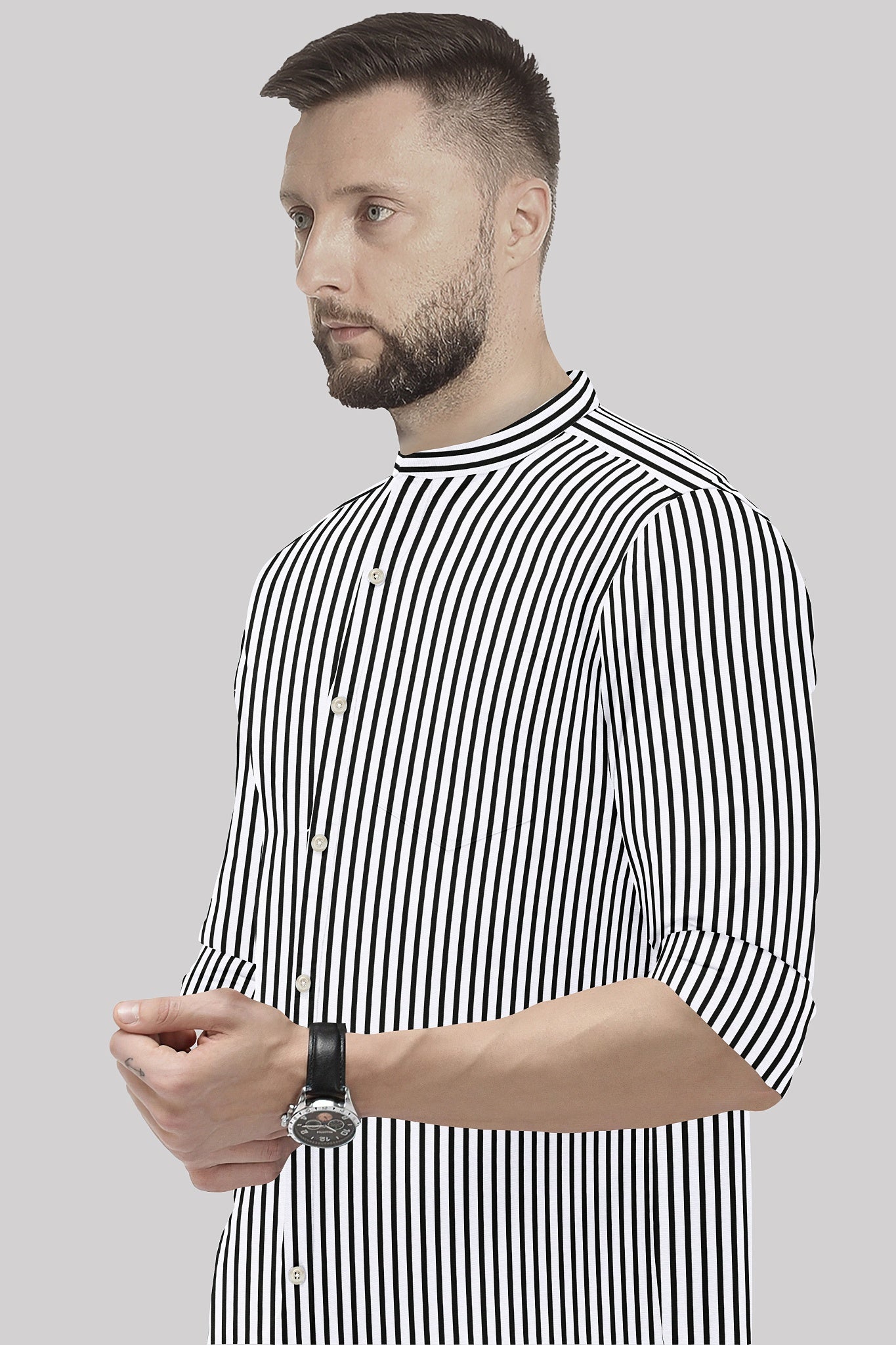 Jet Black and White Candy Stipes Mandarin Collar Cotton Shirt Men's Formal Shirts in India - Buy Cotton Plus Size Shirts for Men in Mumbai