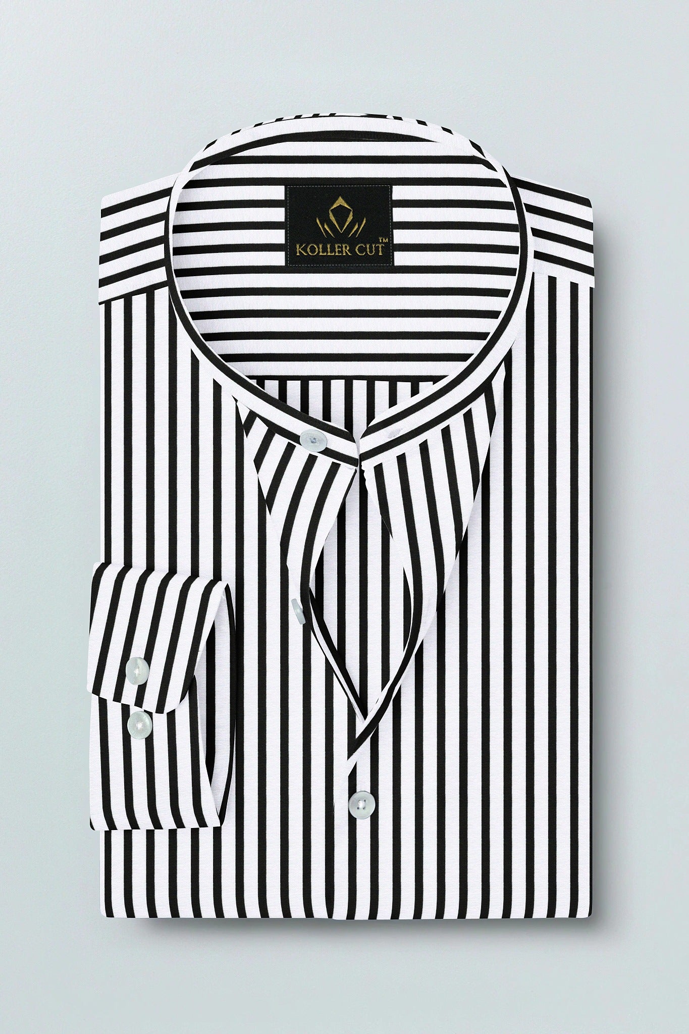 Jet Black and White Candy Stipes Mandarin Collar Cotton Shirt Men's Formal Shirts in India - Buy Cotton Plus Size Shirts for Men in Mumbai