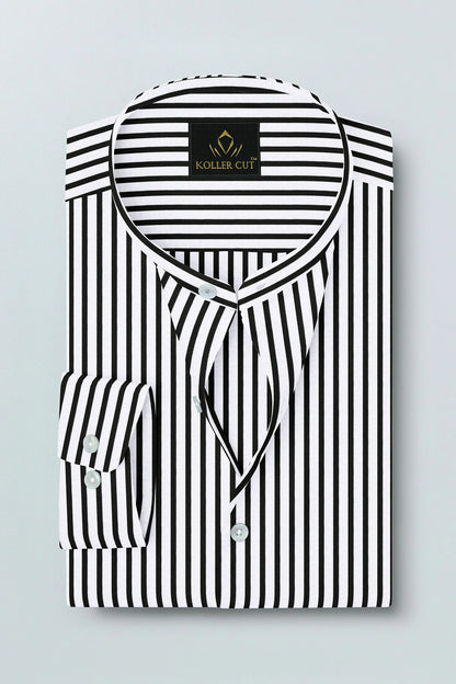 Jet Black and White Candy Stipes Mandarin Collar Cotton Shirt Men's Formal Shirts in India - Buy Cotton Plus Size Shirts for Men in Mumbai
