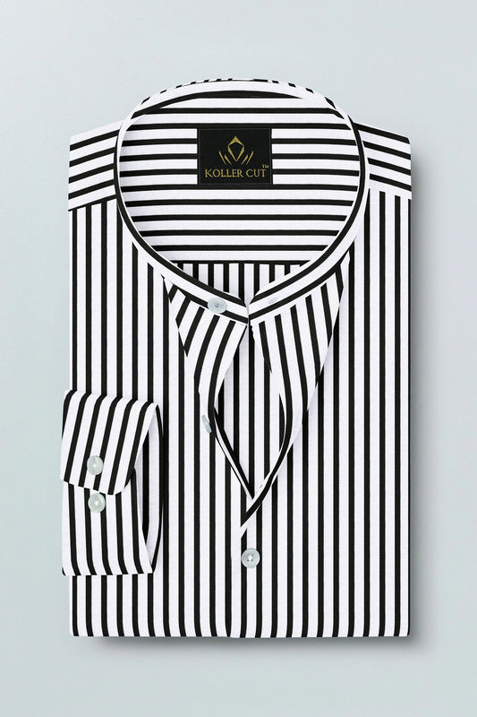Jet Black and White Candy Stripes Mandarin Collar Cotton Shirt