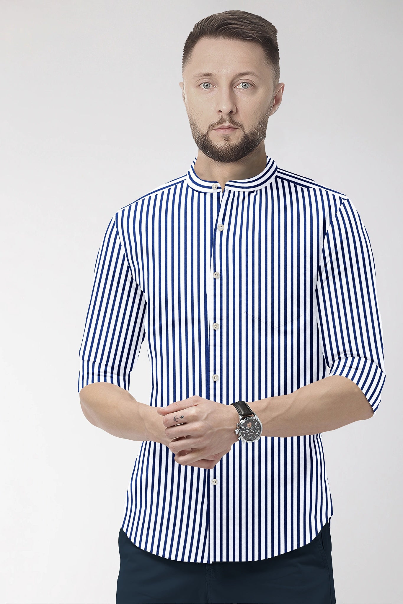 White and Victoria Blue Candy Stripes Mandarin Collar Cotton Shirt-Formal Cotton Shirt in India