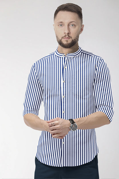 White and Victoria Blue Candy Stripes Mandarin Collar Cotton Shirt-Formal Cotton Shirt in India
