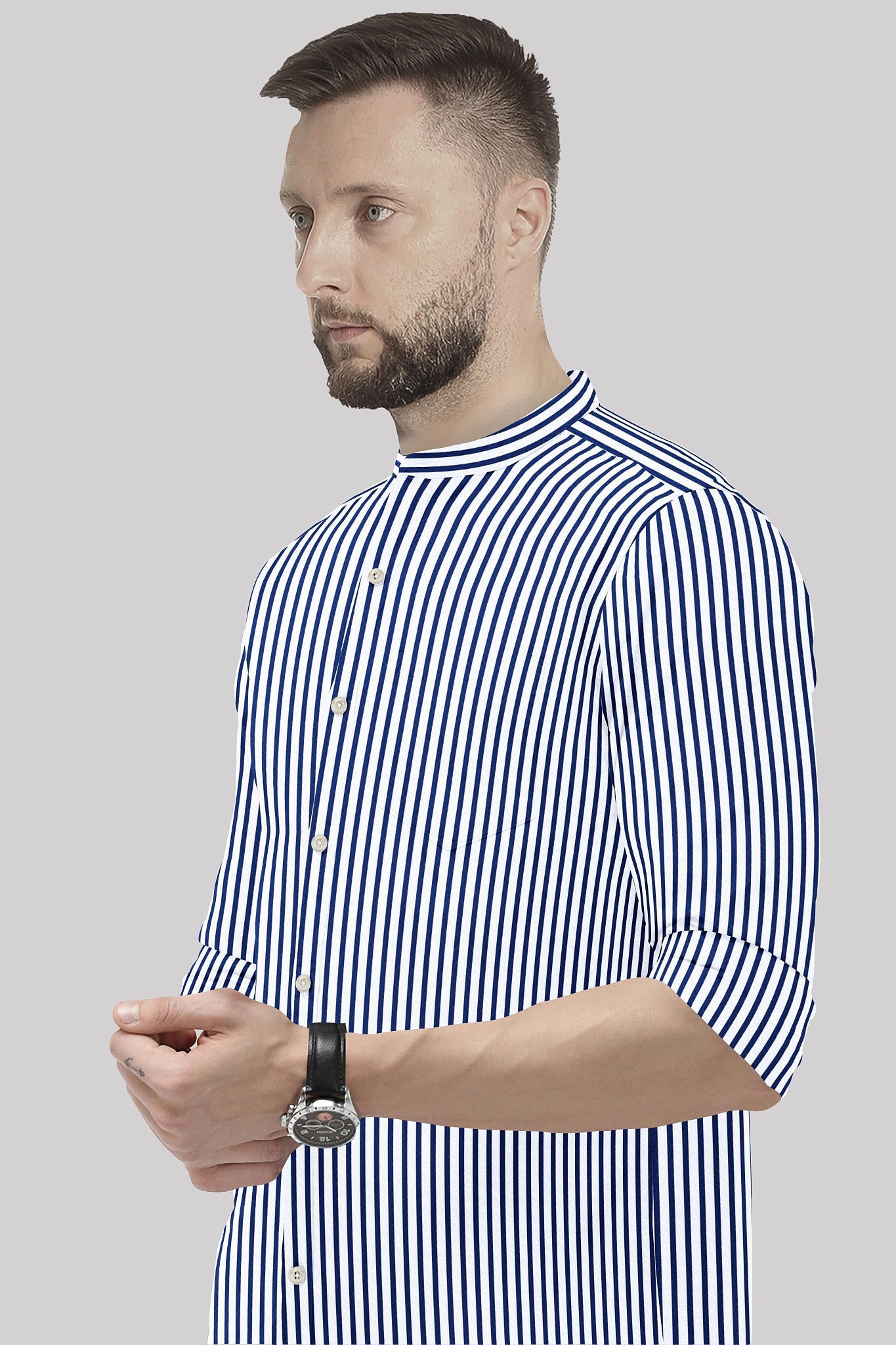 White and Victoria Blue Candy Stripes Mandarin Collar Cotton Shirt-Formal Cotton Shirt in India