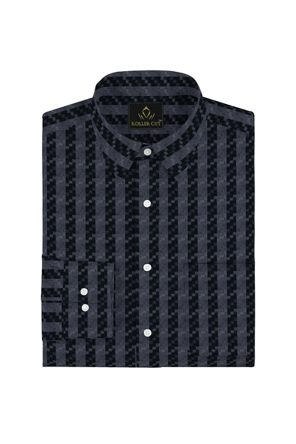 Jet Black and Titanium Gray Jacquard Stripes Egyptian Giza Cotton Shirt