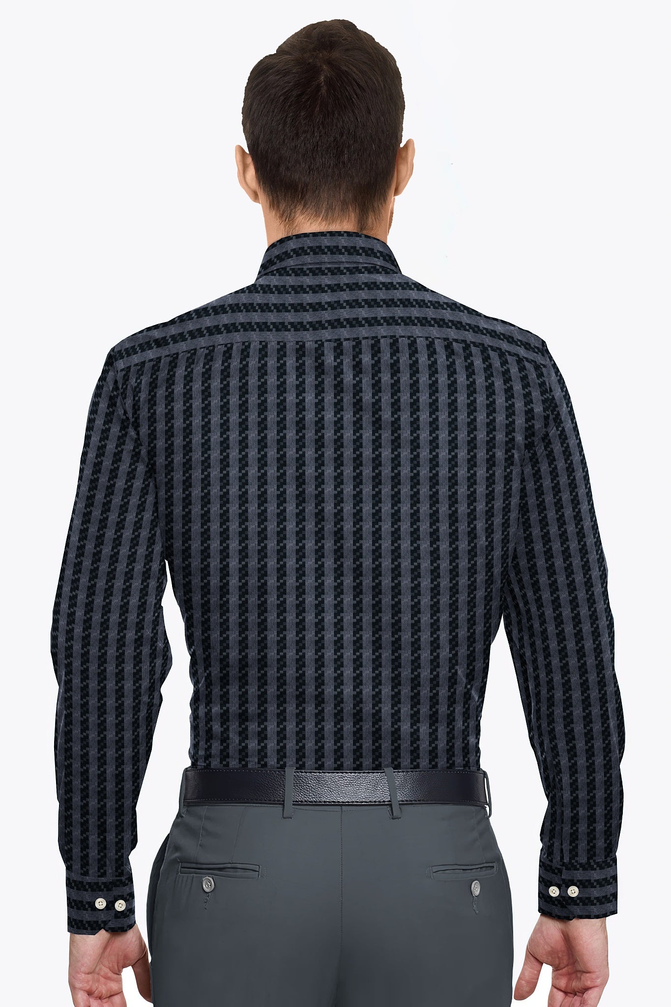 Jet Black and Titanium Gray Jacquard Stripes Egyptian Giza Cotton Shirt