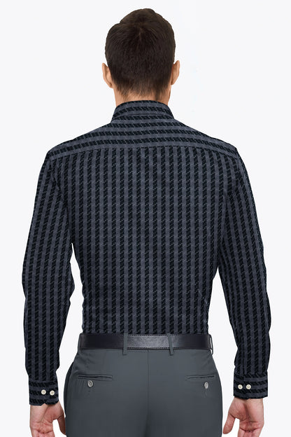 Jet Black and Titanium Gray Jacquard Stripes Egyptian Giza Cotton Shirt