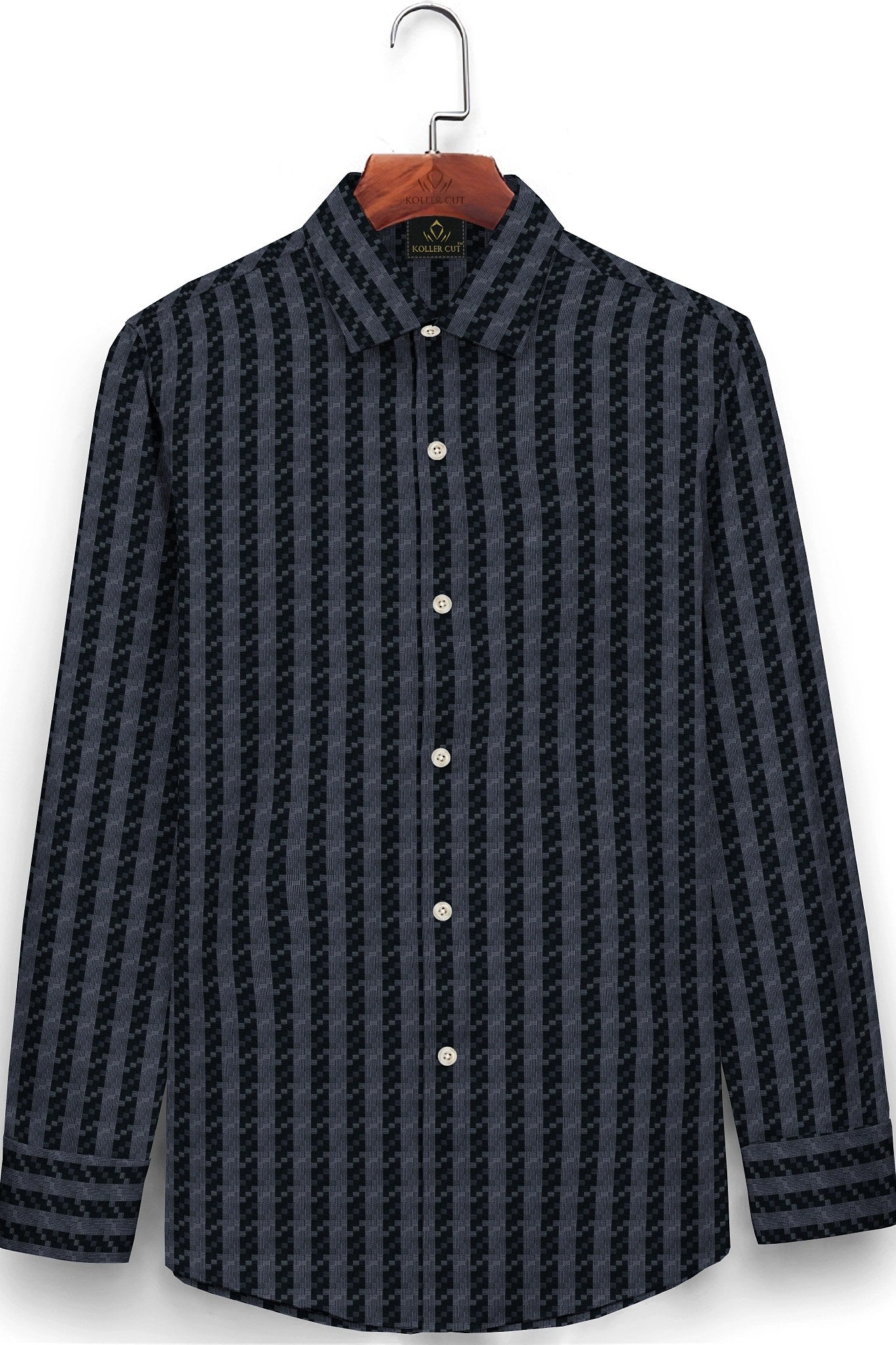 Jet Black and Titanium Gray Jacquard Stripes Egyptian Giza Cotton Shirt