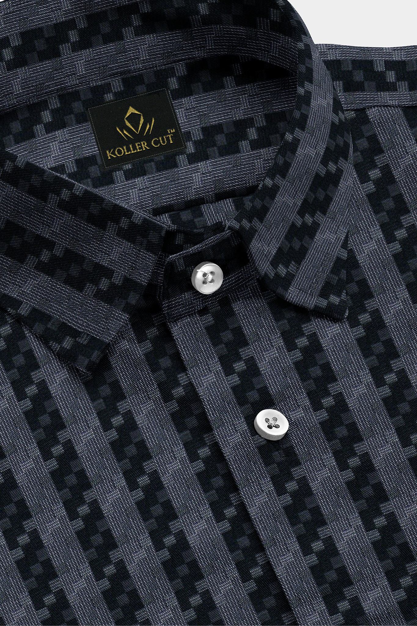 Jet Black and Titanium Gray Jacquard Stripes Egyptian Giza Cotton Shirt