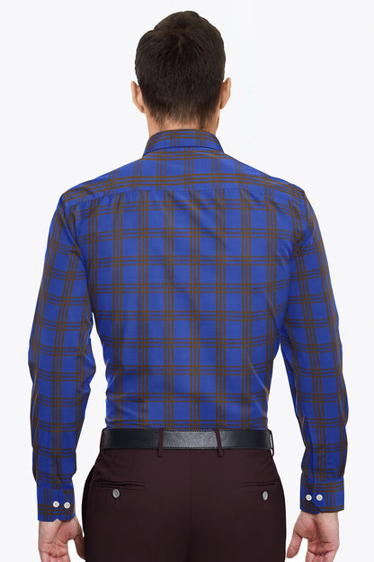 Kollercut-Lapis Blue and Almond Brown Dash Checks Egyptian Giza Cotton Shirt- Mens Formal Cotton Shirt