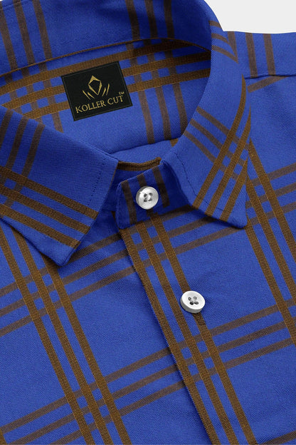 Kollercut-Lapis Blue and Almond Brown Dash Checks Egyptian Giza Cotton Shirt- Mens Formal Cotton Shirt