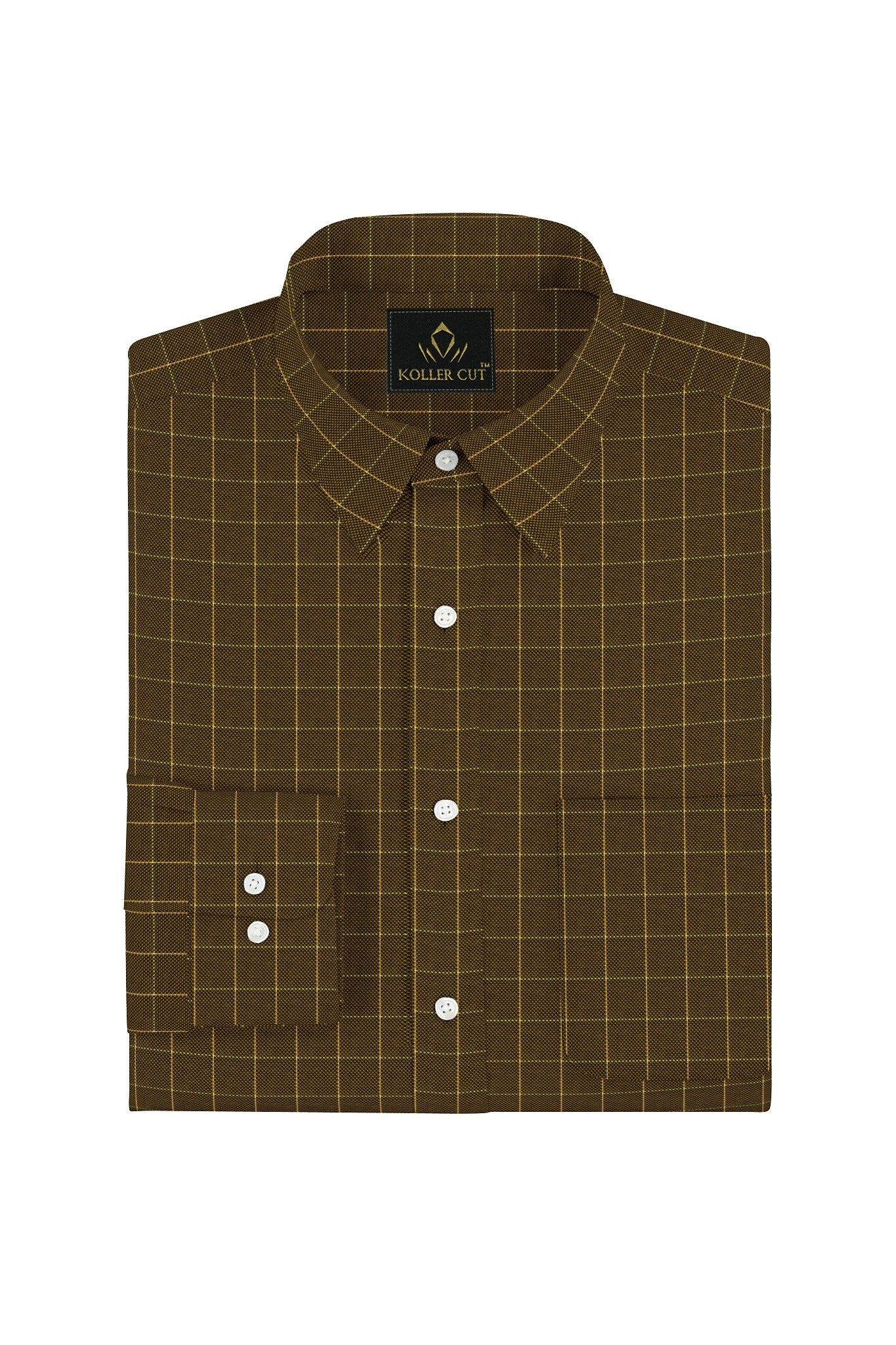 Golden Brown with Elfin Yellow and Estate Blue Jacquard Checks Cotton Shirt
