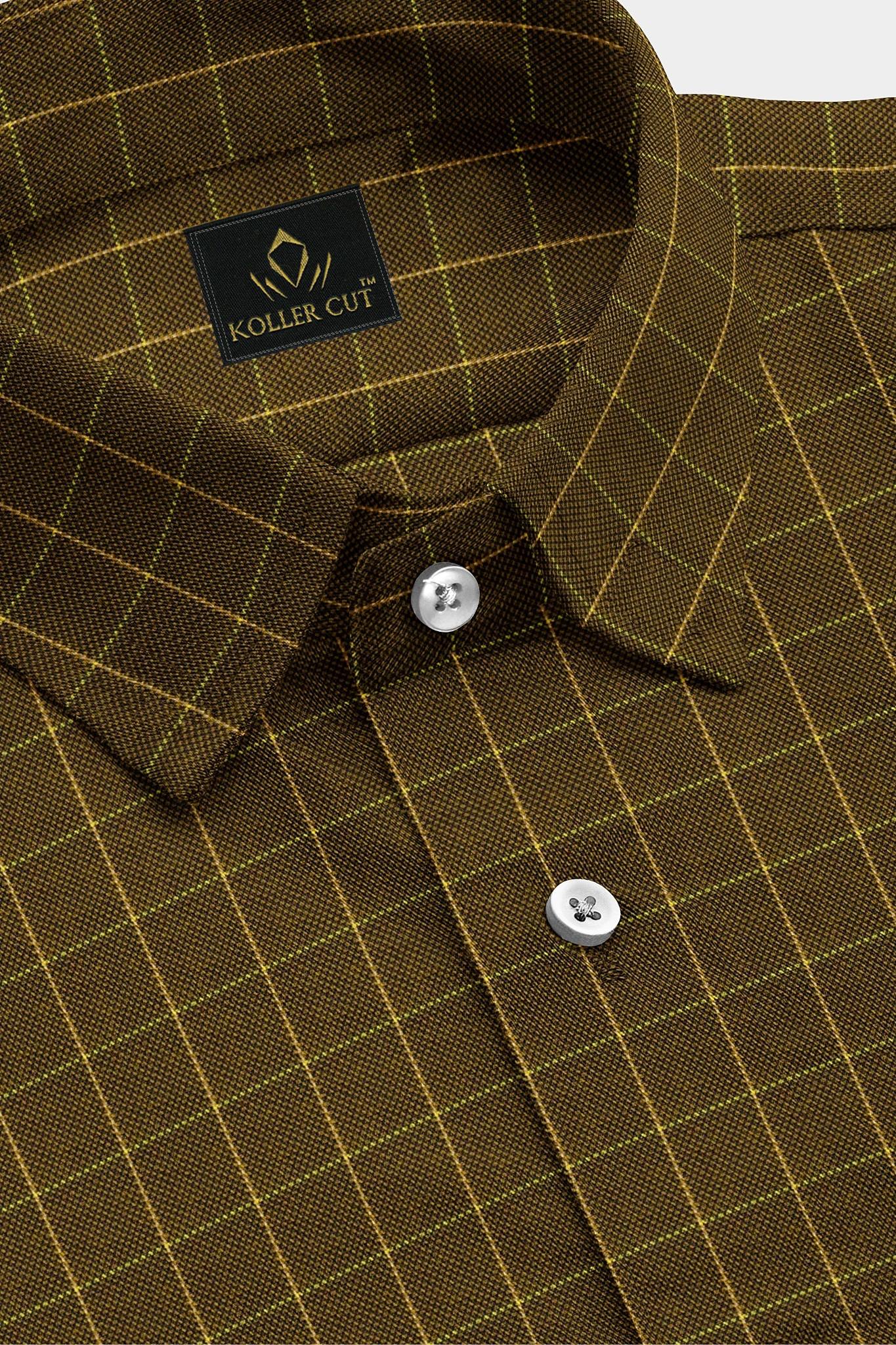 Golden Brown with Elfin Yellow and Estate Blue Jacquard Checks Cotton Shirt