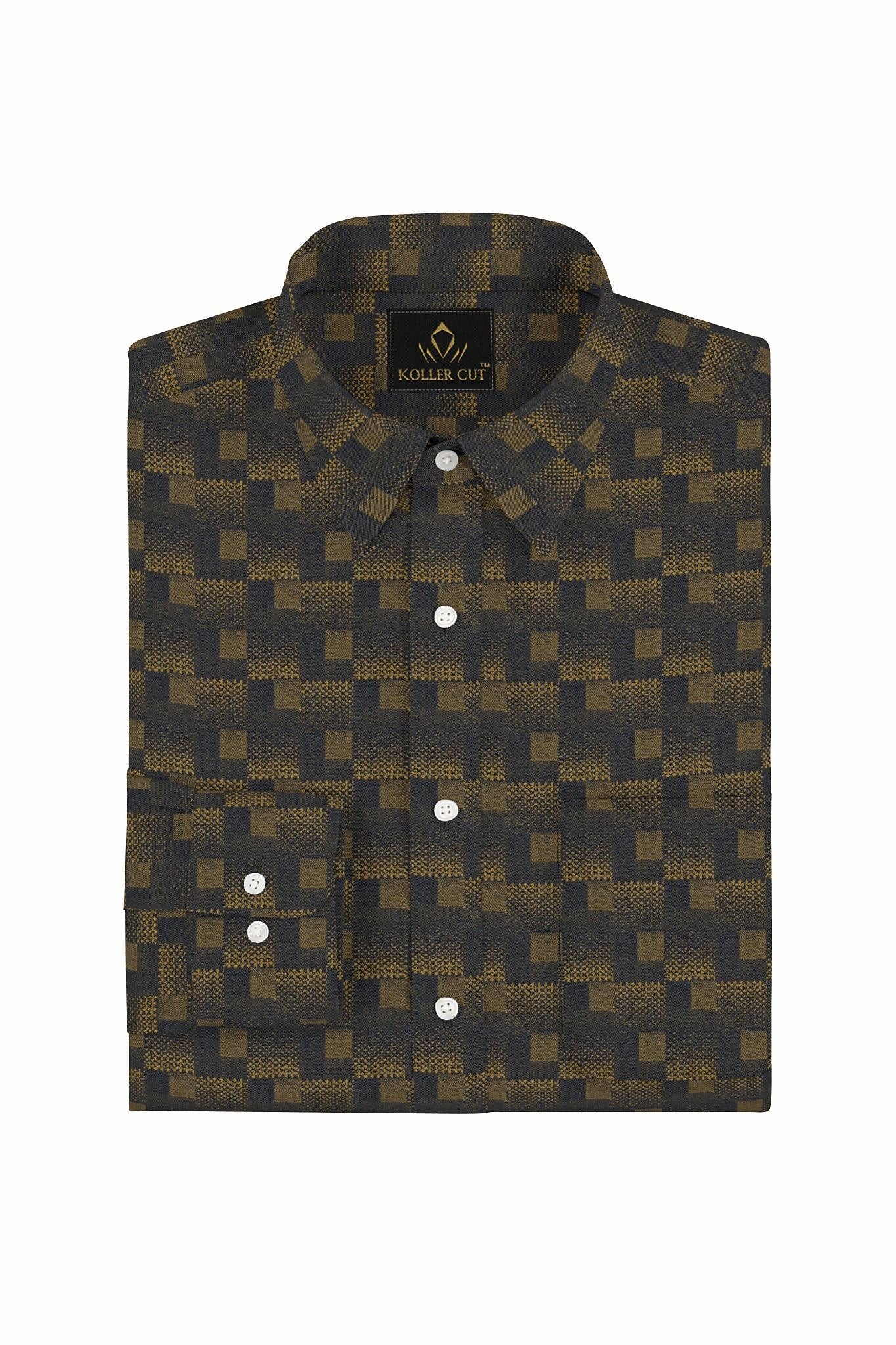 Black and Mustard Golden Yellow Square Box Jacquard Print Egyptian Giza Cotton Shirt Plus size Premium Cotton Shirts in India