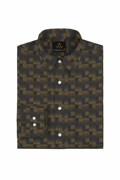Black and Mustard Golden Yellow Square Box Jacquard Print Egyptian Giza Cotton Shirt Plus size Premium Cotton Shirts in India