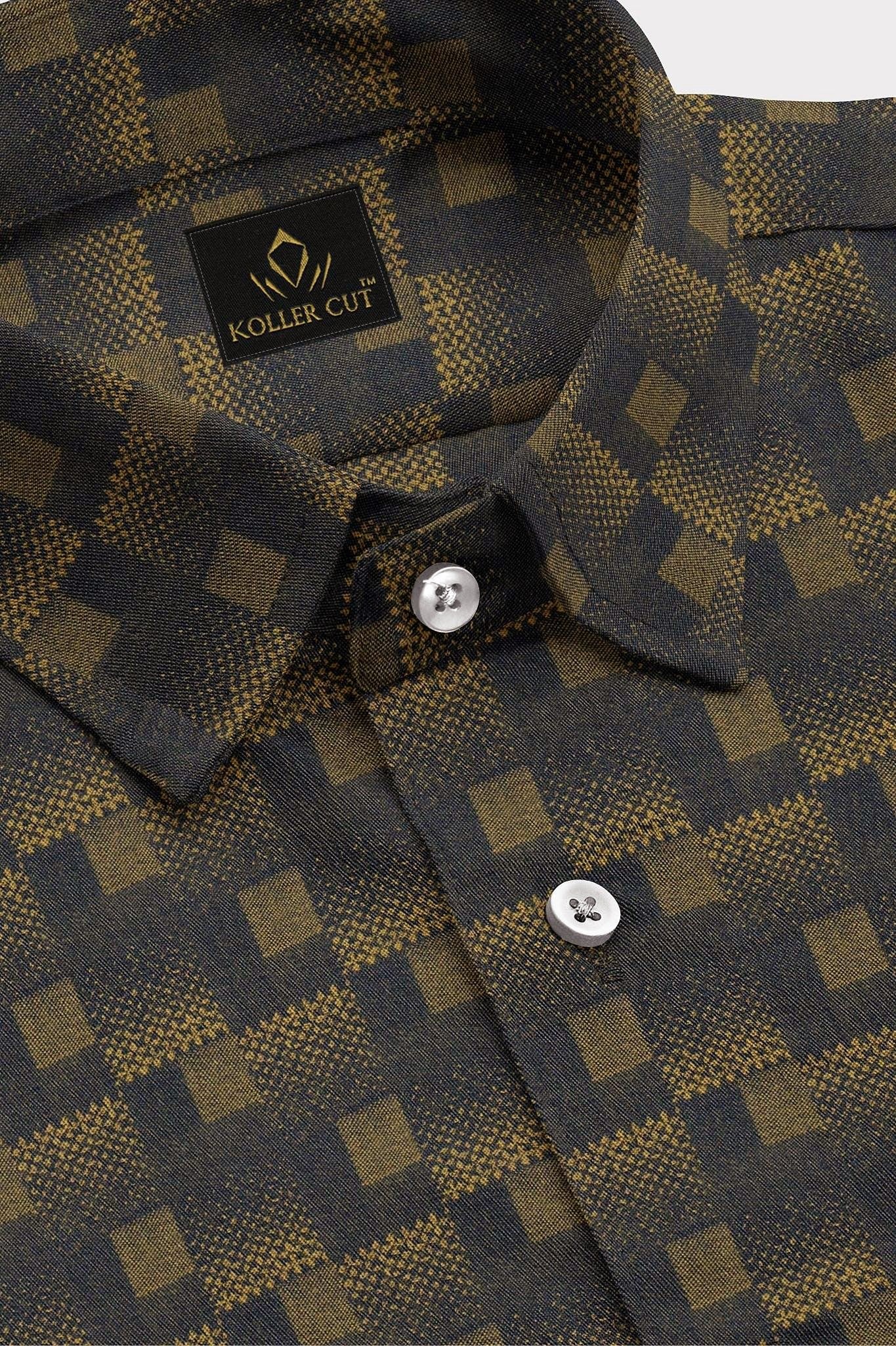Black and Mustard Golden Yellow Square Box Jacquard Print Egyptian Giza Cotton Shirt Plus size Premium Cotton Shirts in India