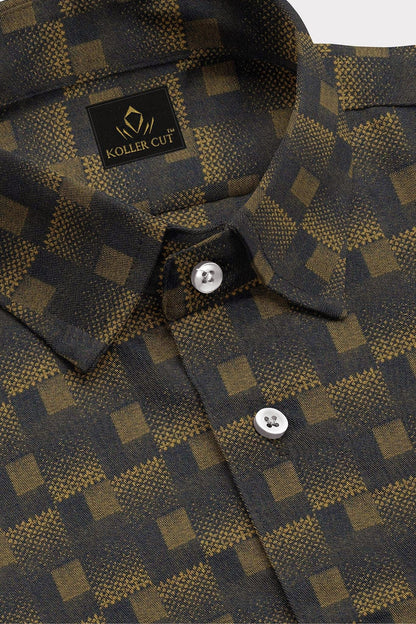 Black and Mustard Golden Yellow Square Box Jacquard Print Egyptian Giza Cotton Shirt Plus size Premium Cotton Shirts in India
