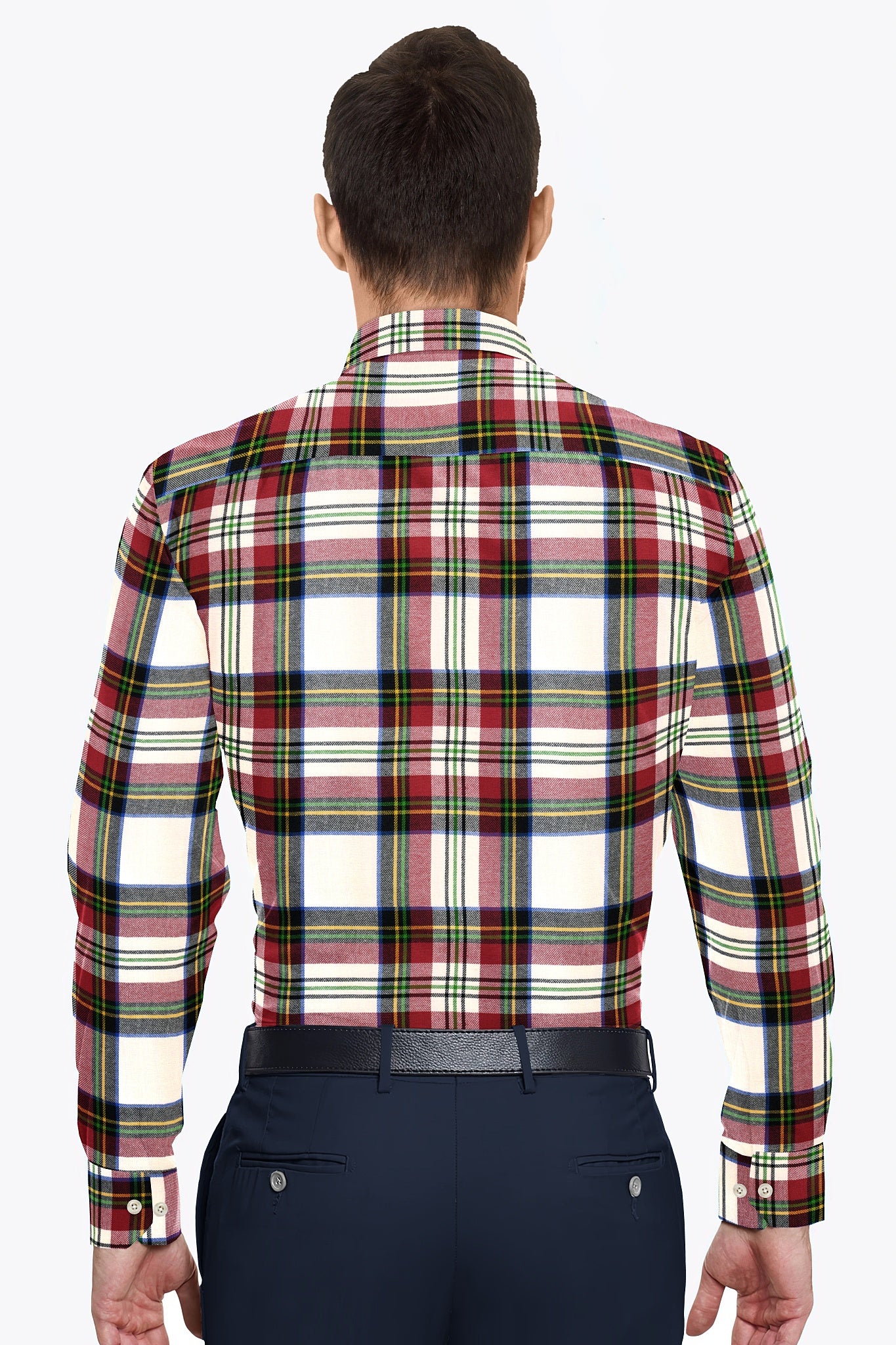 White with Cherry Red and Black Multicolored Checks Cotton Shirt