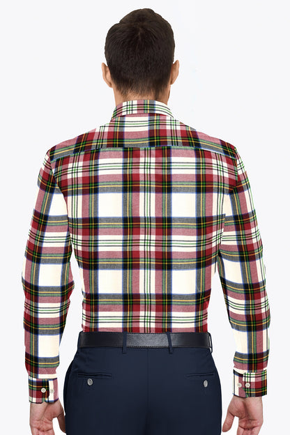 White with Cherry Red and Black Multicolored Checks Cotton Shirt