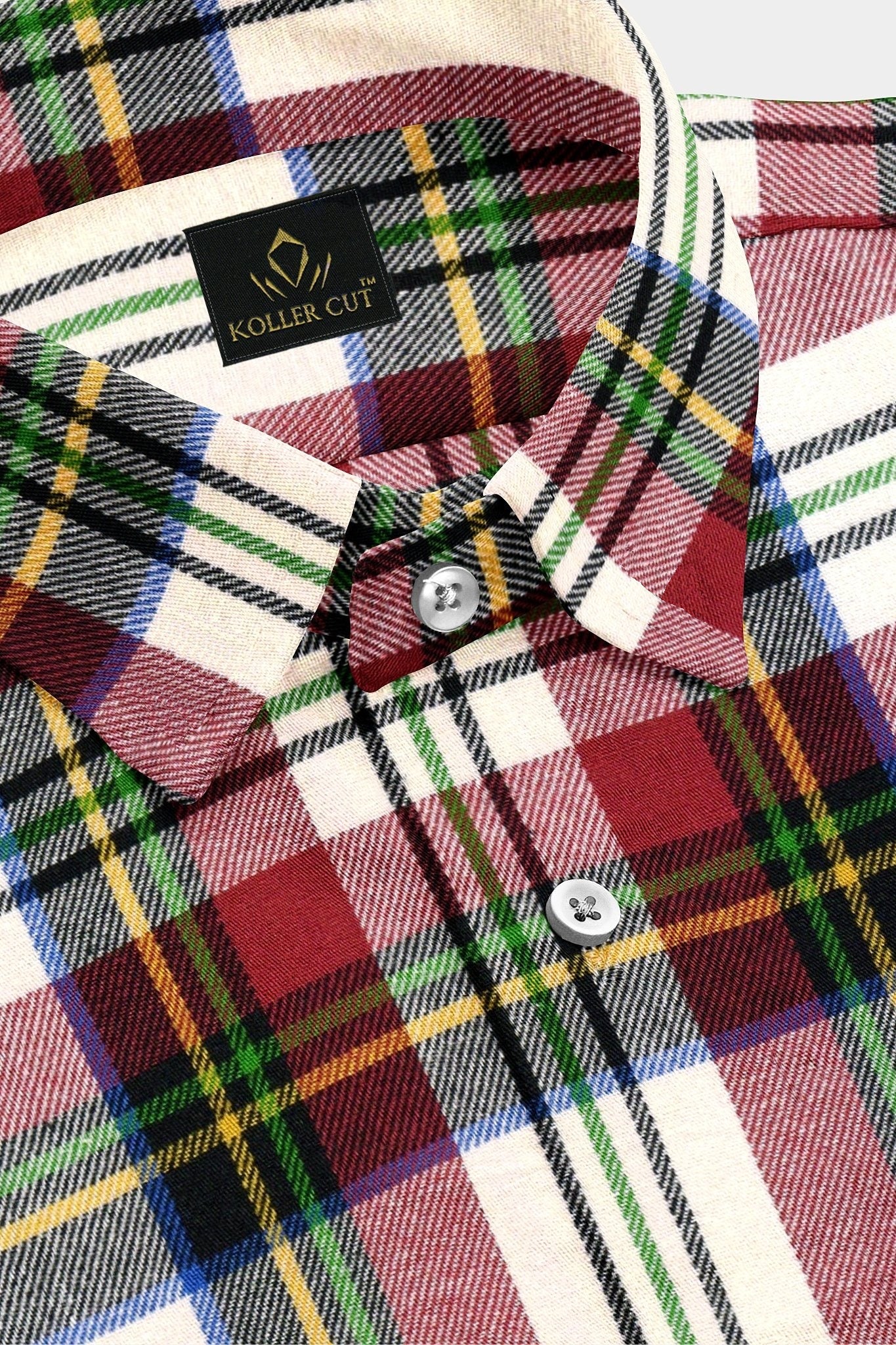 White with Cherry Red and Black Multicolored Checks Cotton Shirt