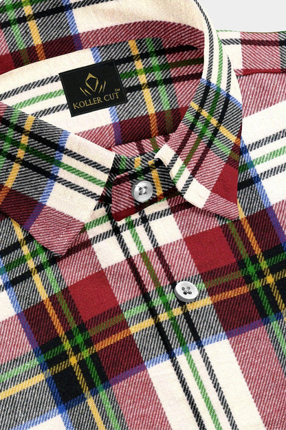 White with Cherry Red and Black Multicolored Checks Cotton Shirt
