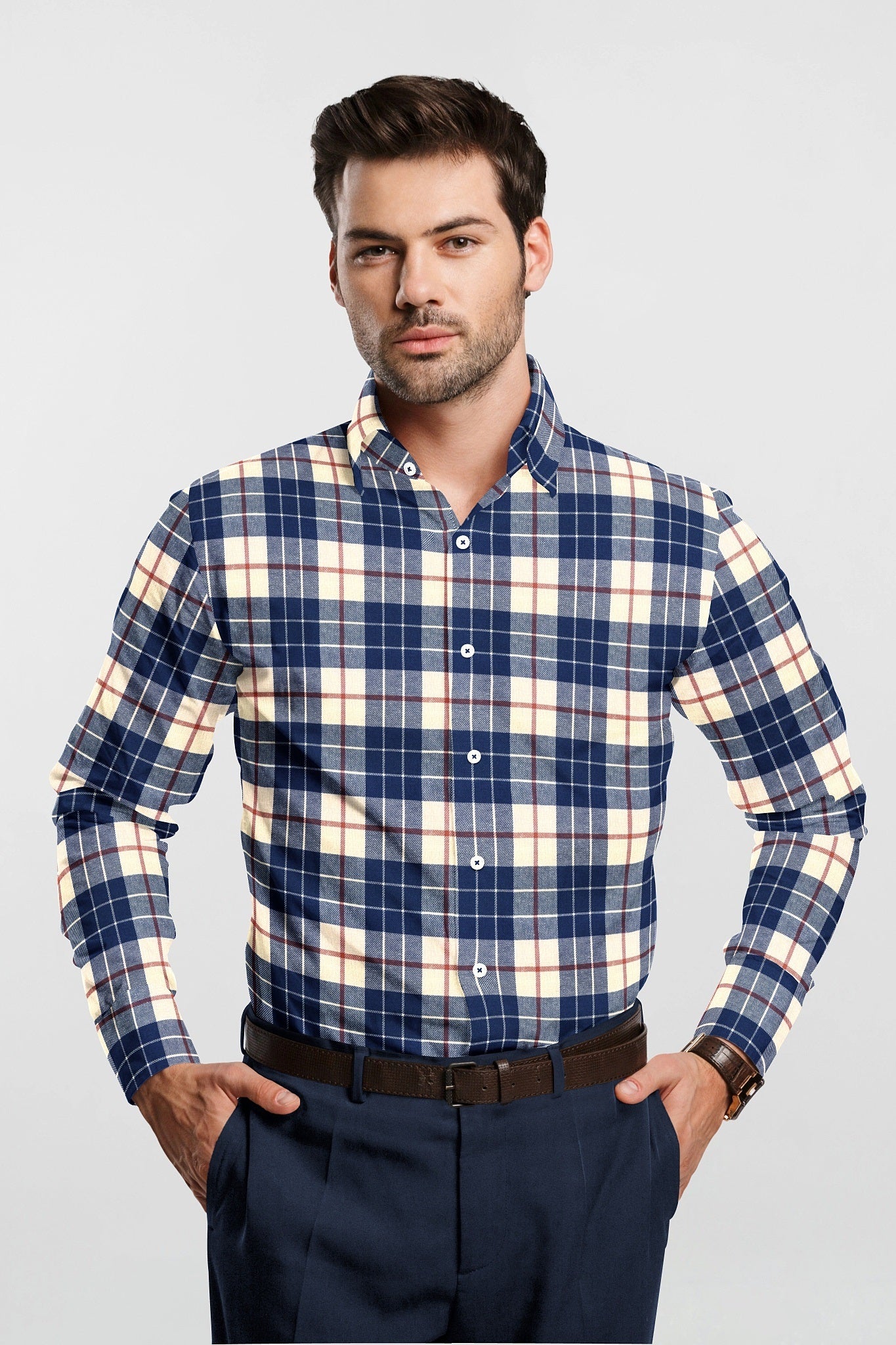 Mazarine Blue and Milk White Checks Cotton Flannel Shirt