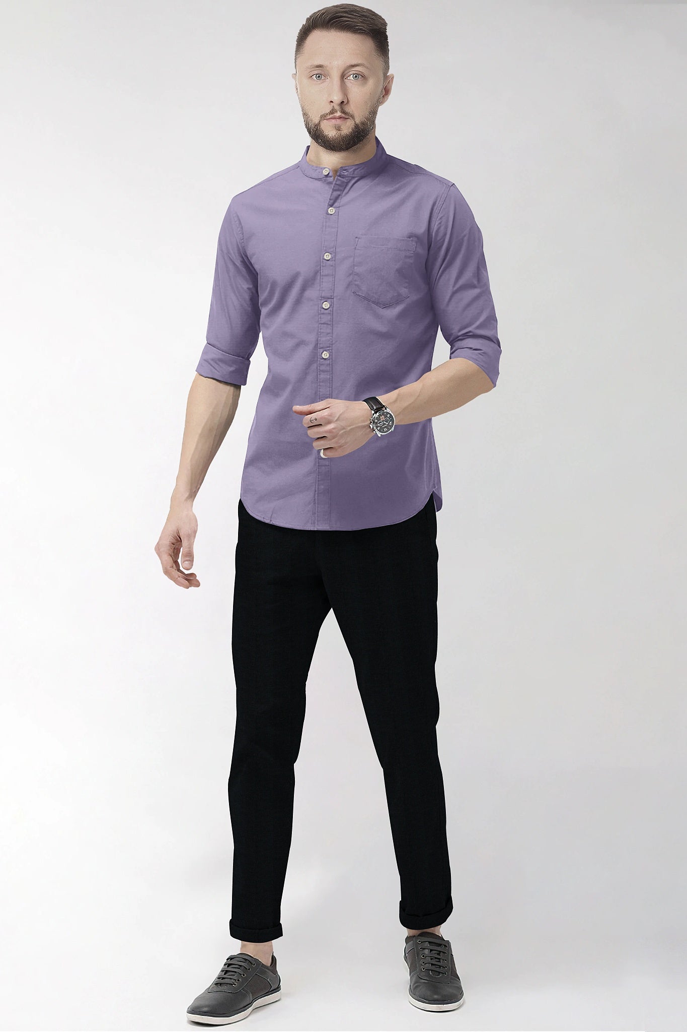 Aster Purple Mandarin Collar Giza Cotton Shirt