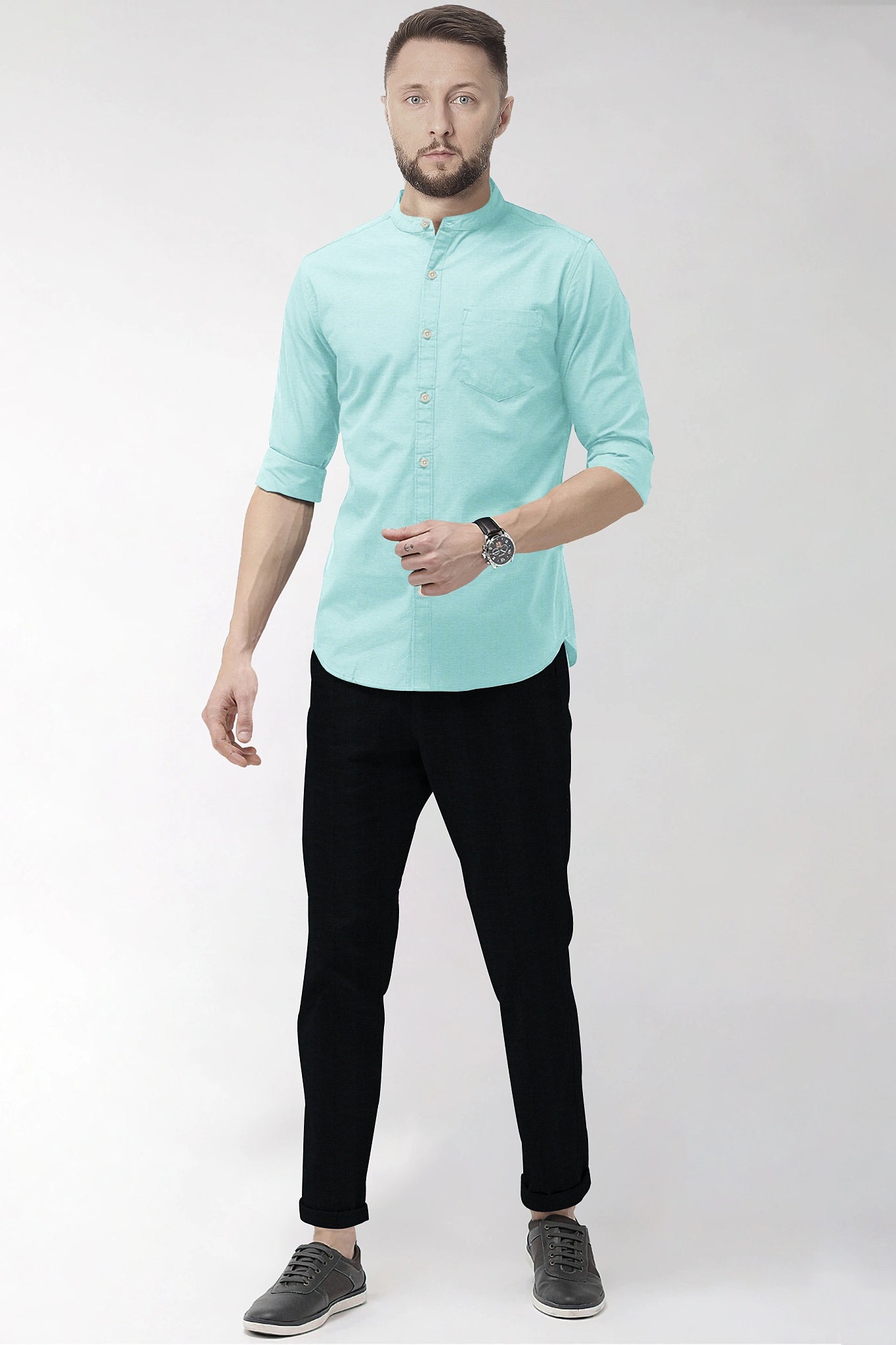 Turquoise Blue Mandarin Luxurious Linen Shirt