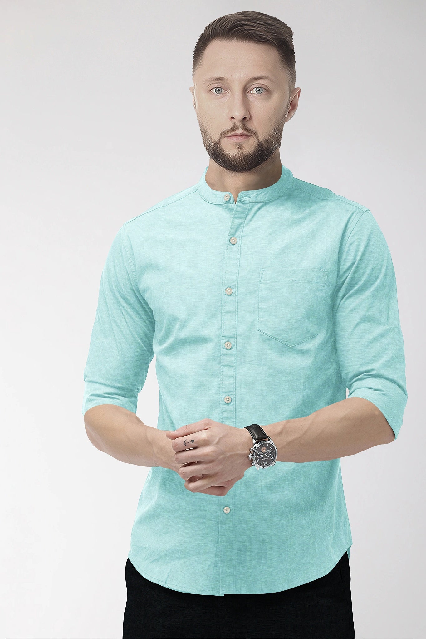 Turquoise Blue Mandarin Luxurious Linen Shirt