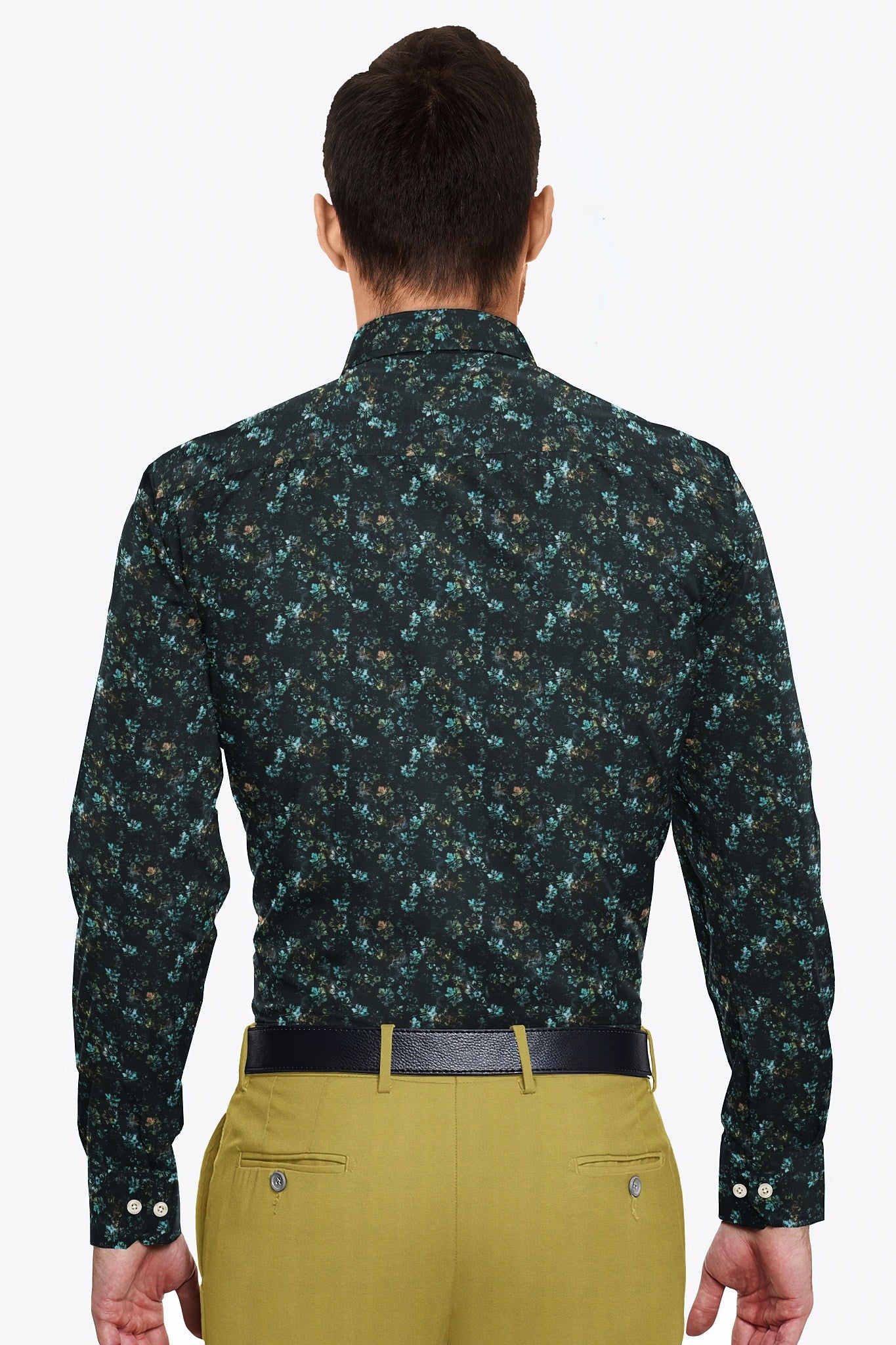 Raven Black and Turquoise Blue Lily Flower Printed Egyptian Giza Cotton Shirt- Best Formal Printed Cotton Shirt in India - Big Size Shirt - Plus Size Shirts for Men Online Shipping in Mumbai