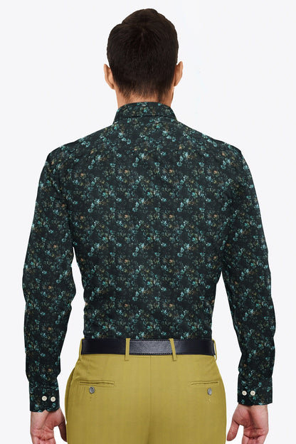 Raven Black and Turquoise Blue Lily Flower Printed Egyptian Giza Cotton Shirt- Best Formal Printed Cotton Shirt in India - Big Size Shirt - Plus Size Shirts for Men Online Shipping in Mumbai