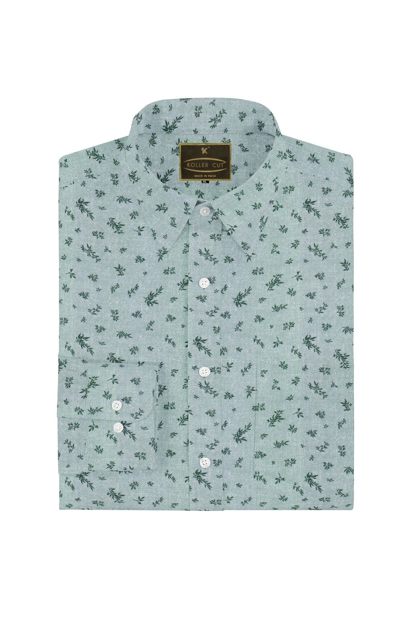 Pine Green with Pine Green Leaf Printed Mens Giza Cotton Shirt