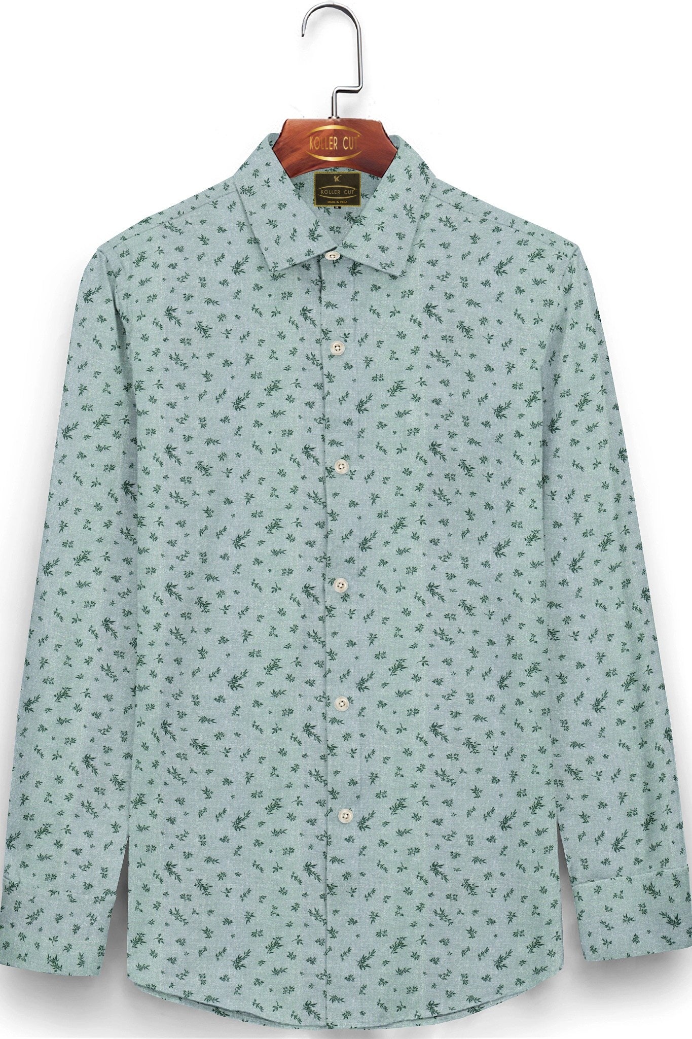 Pine Green with Pine Green Leaf Printed Mens Giza Cotton Shirt