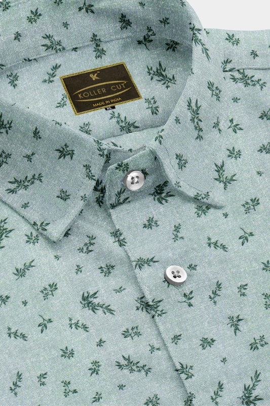 Pine Green with Pine Green Leaf Printed Mens Giza Cotton Shirt