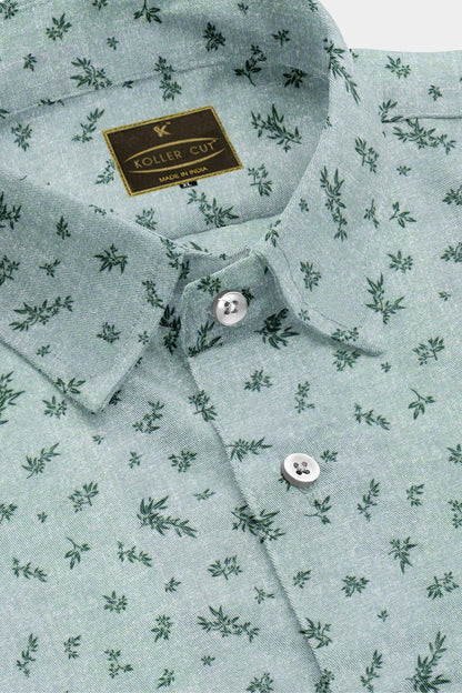 Pine Green with Pine Green Leaf Printed Mens Giza Cotton Shirt