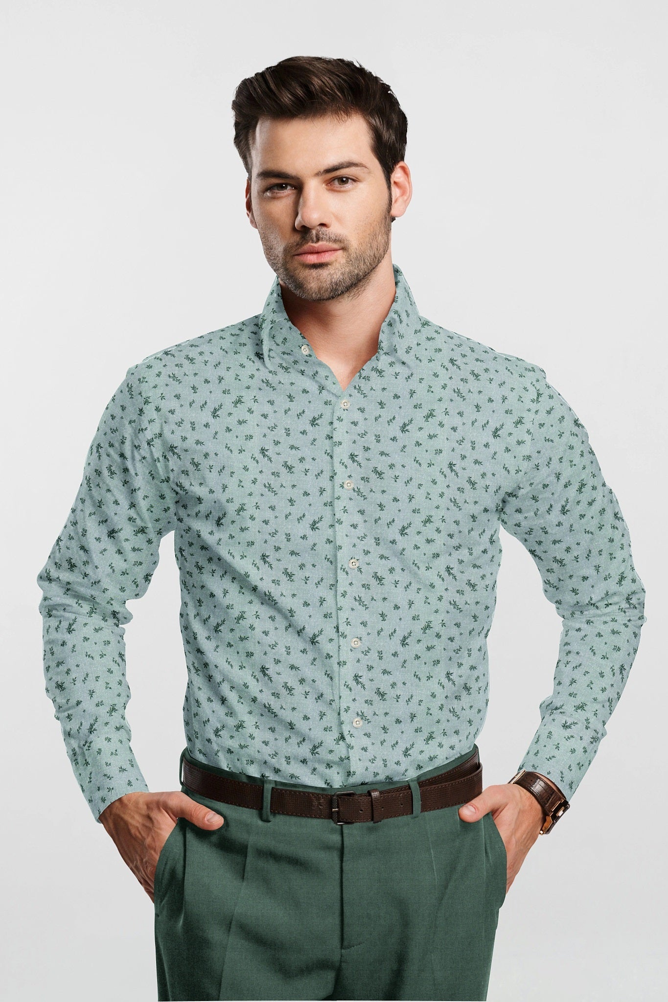 Pine Green with Pine Green Leaf Printed Mens Giza Cotton Shirt