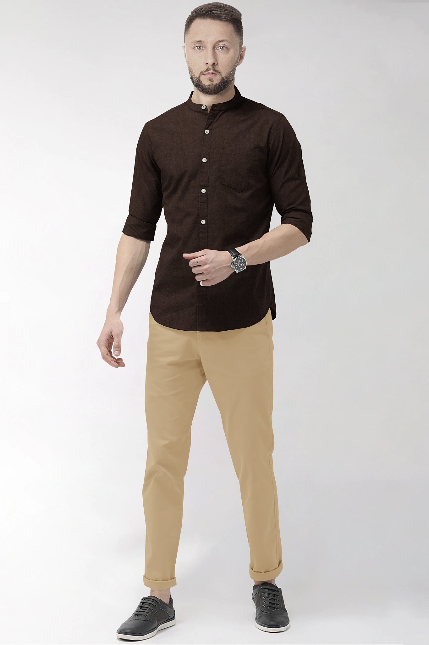 Coffee Brown Mandarin Men's Luxurious Linen Shirt