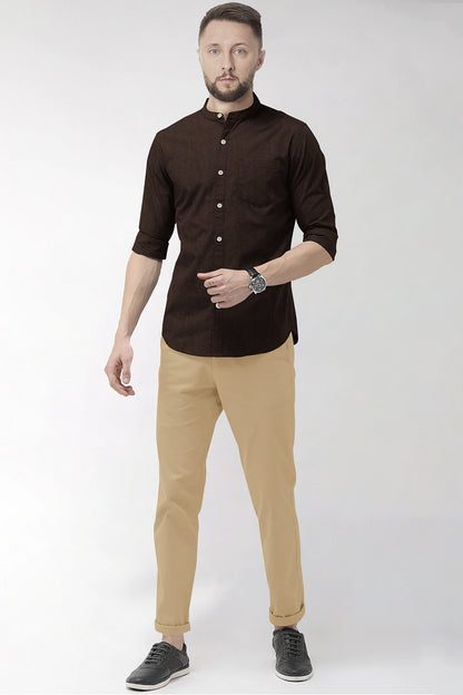 Coffee Brown Mandarin Men's Luxurious Linen Shirt